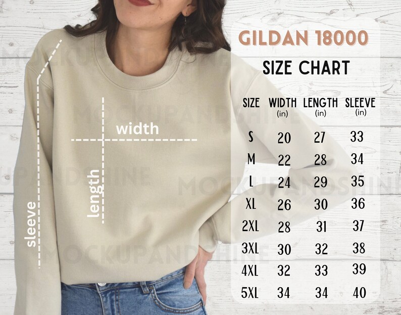 May include: A size chart for Gildan 18000 sweatshirts, showing width, length, and sleeve measurements in inches for sizes S through 5XL.