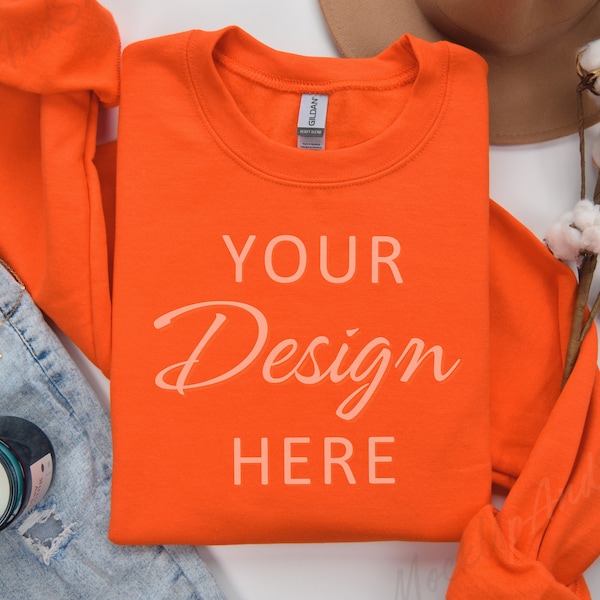 Gildan 18000 Orange Mockup, 18000 Flat Lay Mock, Crewneck Mockup, Orange Mockups 18000, Autumn Sweatshirt Mockup, Gilden Sweater Fall