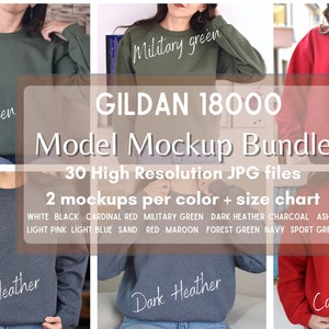 May include: A mockup bundle of Gildan 18000 sweatshirts in various colours, including military green, cardinal red, and dark heather. The bundle includes 30 high-resolution JPG files, with two mockups per colour and a size chart. The colours available are white, black, cardinal red, military green, dark heather, charcoal, ash, light pink, light blue, sand, red, maroon, forest green, navy, and sport grey.
