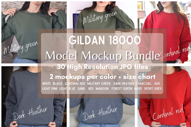 May include: A mockup bundle of Gildan 18000 sweatshirts in various colours, including military green, cardinal red, and dark heather. The bundle includes 30 high-resolution JPG files, with two mockups per colour and a size chart. The colours available are white, black, cardinal red, military green, dark heather, charcoal, ash, light pink, light blue, sand, red, maroon, forest green, navy, and sport grey.