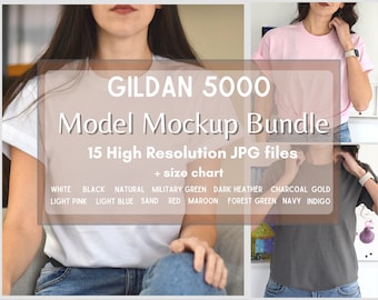 Gildan 5000 Model Mockup Bundle, T-Shirt Mock-ups, Gildan Tee Bundle, Black White Maroon Forest Military Green Red Sand Pink Blue Navy Gold