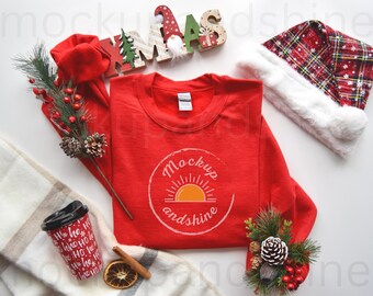 Gildan 18000 platliggend rood mockup, kerst Gi18000 mock-up, sweatshirtmodel, G18000 ronde hals zware vakantietrui, kerstmocks