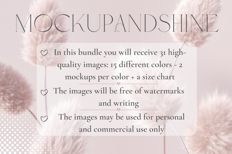 May include: A digital product mockup bundle with 31 high-quality images, 15 different colours, 2 mockups per colour, and a size chart. The images are free of watermarks and writing and can be used for personal and commercial use only.
