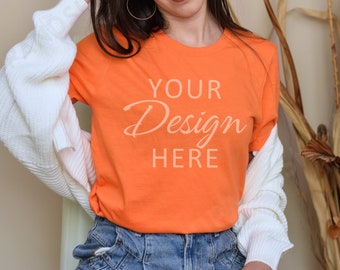 Bella Canvas 3001 Mockup, T-Shirt 3001 Orange Mockup, Orange Bella Canvas Modell Mockup, T-Shirt Mockup 3001, Orange Bella Canvas 3001 Mockup