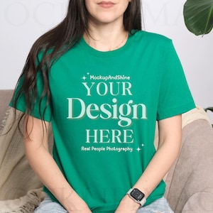 Bella Canvas 3001 Kelly Mockup, Green 3001 T-Shirt Mock, Women Model Mock-up 3001, Kelly Tee Mock, Lifestyle POD Mockup Photo, BC3001 Mock