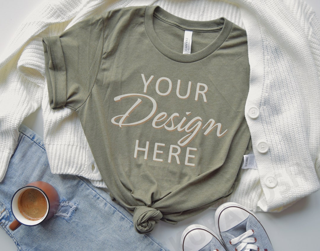 Bella Canvas 3001 Mockup, Heather Olive 3001 Mockup, Bella Canvas Flat ...