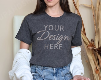 Bella Canvas 3001 Mockup, Dark Grey Heather 3001 Mockup, Bella Canvas Tee Model Mock, Tshirt Mockup 3001, Heather Dark Grey Bella Canvas