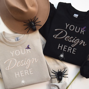 Gildan 18000 Mockup, Halloween 18000 Flat Lay Mockup Black and Sand, Autumn Sweatshirt Mockup, Gildan Crewneck Mockups, Halloween Mockup