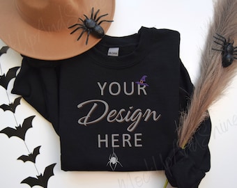Gildan 18000 Black Mockup, Halloween 18000 Flat Lay Mockup, Autumn Sweatshirt Mockup, Gildan Crewneck Sweater Mockups, Halloween Mockup