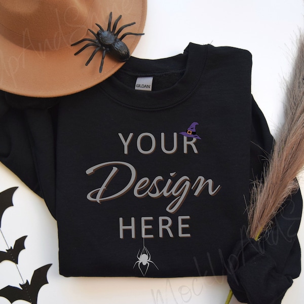 Gildan 18000 Black Mockup, Halloween 18000 Flat Lay Mockup, Autumn Sweatshirt Mockup, Gildan Crewneck Sweater Mockups, Halloween Mockup