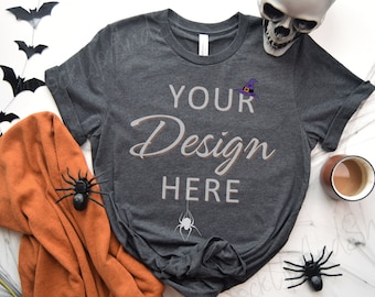 Bella Canvas 3001 Mockup, Halloween Dark Grey Heather 3001, Flatlay Mock 3001, Dark Grey Tshirt Mockup, Bella Canvas Shirt Halloween Mockup