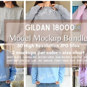 May include: A mockup bundle of Gildan 18000 sweatshirts in various colours, including light blue, light pink, and sport grey. The bundle includes 30 high-resolution JPG files, with 2 mockups per colour and a size chart. The text "GILDAN 18000 Model Mockup Bundle" is displayed in the centre of the image.
