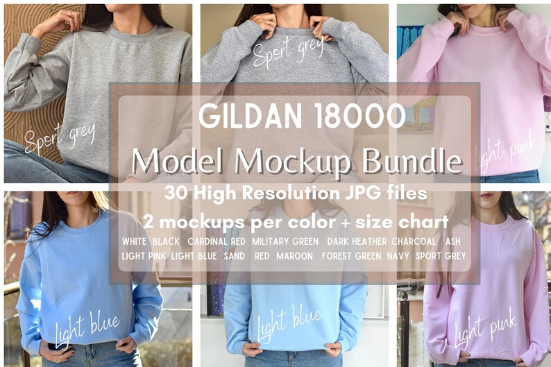 May include: A mockup bundle of Gildan 18000 sweatshirts in various colours, including light blue, light pink, and sport grey. The bundle includes 30 high-resolution JPG files, with 2 mockups per colour and a size chart. The text "GILDAN 18000 Model Mockup Bundle" is displayed in the centre of the image.