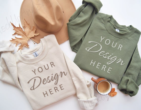 Gildan 18000 Mockup, Flatlay Mockup Sand and Army, Autumn Sweatshirt Mock, Sand Mockup, Military Green 18000, Crewneck Mockups for Fall