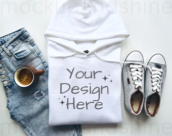 Gildan 18500 White Hoodie Mockup Flat Lay, Gi18500 Hoodie Mockup, White Gildan Hoodie Flat Lay, Unisex Heavy Blend Hooded Sweatshirt