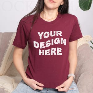 Bella Canvas 3001 Maroon Mockup, 3001 Model Mock-up, Tshirt Mockup 3001 Red, Lifestyle Model Tee Mock, POD BC3001 Maroon, Studio Mockup