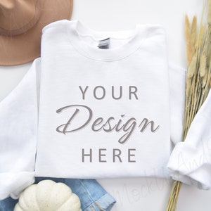 Gildan 18000 Mockup, White 18000 Mockup for Fall, Crewneck Sweatshirt Mockup, Gildan 18000 Fall Mockups, White Sweater Mockup, Autumn Mockup