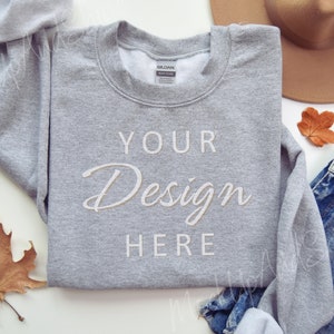 Gildan 18000 Mockup, Sport Grey 18000 Flat Lay Fall Mockup, Sweatshirt Mockup Autumn, Gildan Flat Crewneck Mockups 18000, Folded Sport Grey