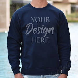 Gildan 18000 Navy Male Mockup, Sweatshirt Mens Model Mockup, 18000 Crewneck Mocks, Navy Mockup, Fall Mock 18000, Man Gildan Sweatshirt Blue