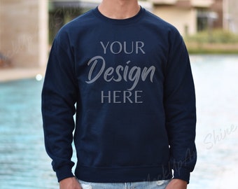 Gildan 18000 Navy Male Mockup, Sweatshirt Mens Model Mockup, 18000 Crewneck Mocks, Navy Mockup, Fall Mock 18000, Man Gildan Sweatshirt Blue