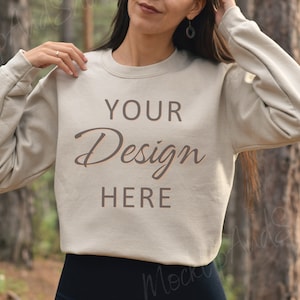 Gildan 18000 Mockup, Gildan Sand Sweatshirt Mockup, Fall Sweatshirt Model Mockup, Sand Gildan Crewneck Mockups, Autumn Gildan 18000 Sand