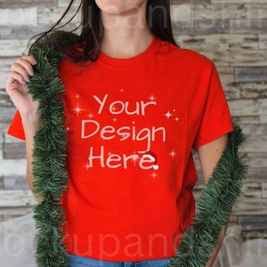 Red Gildan 5000 Christmas Mockup, Gildan Red T-Shirt Mock up, Model Mockup G5000, Red Gildan Mockups, Xmas Heavy Cotton Tee, Gi5000 Mocks