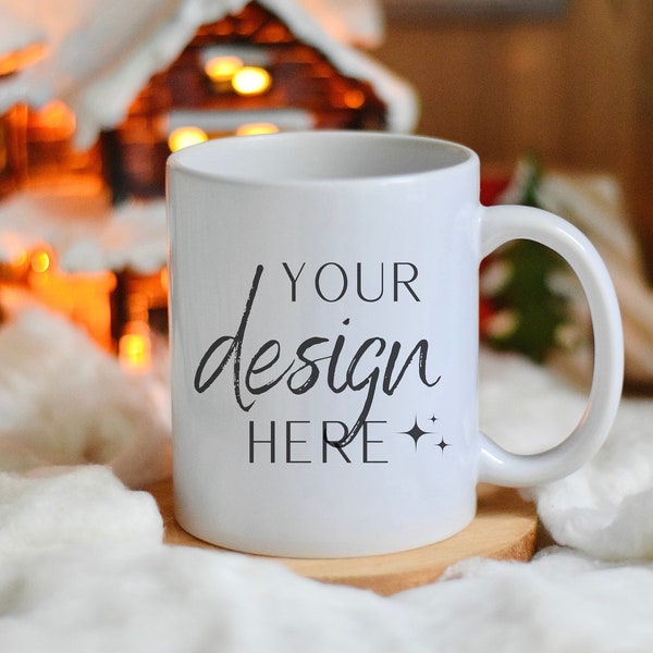 Christmas Mug Mockup, White Christmas Ceramic Mug Mock-up, Xmas Coffee Mug Mockups, 11oz Coffee Cup Mockups, Winter Holiday Mocks for Mugs