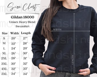 Tabela rozmiarów Gildan 18000, Tabela rozmiarów bluz Gildan, Tabela rozmiarów bluz Gildan Unisex Heavy Blend Crewneck, Tabela rozmiarów swetrów Gi18000, 18000