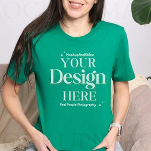 Bella Canvas 3001 Kelly Mockup, Green 3001 T-Shirt Mock, Women Model Mock-up 3001, Kelly Tee Mock, Lifestyle POD Mockup Photo, BC3001 Mock