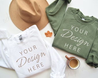 Gildan 18000 Mockup,  Flatlay Mockup Sand and Army, Autumn Sweatshirt Mockup, White Mockup, Military Green Mockup, Crewneck Mockups for Fall