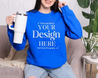 Gildan 18000 Royal Sweatshirt Mockup, G180 Crewneck Sweater Model Mock, Red Mock-up Print On Demand, POD Image True Royal, Dark Blue 1800