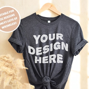 Bella Canvas 3001 Mockup, Dark Grey Heather 3001 Hanging Mockup, Grey Tshirt Mockup, Hanging Shirt Styled Mock, BC301 Bella Canvas Tee