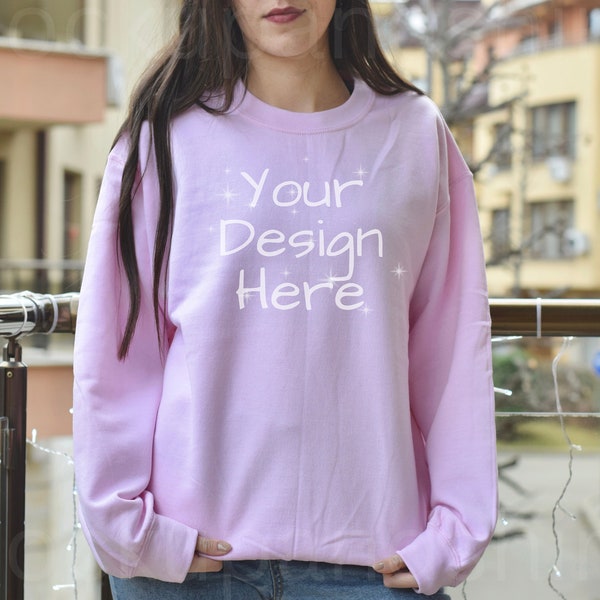 Gildan 18000 Mockup, Gildan Light Pink Sweatshirt Mockup, Sweatshirt Model Mockup, Gildan Crewneck Mocks, Heavy Blend Sweater Light Pink