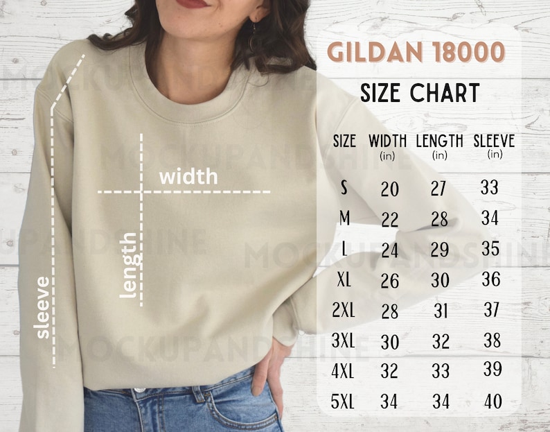 May include: A size chart for Gildan 18000 sweatshirts, showing measurements in inches for width, length, and sleeve length for sizes S through 5XL.