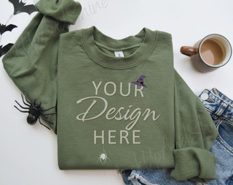 Gildan 18000 Mockup, Halloween Military Green 18000 Flat Lay, Autumn Sweatshirt Mockup, Gildan Sweater Mockups Army Green, Halloween Mockups