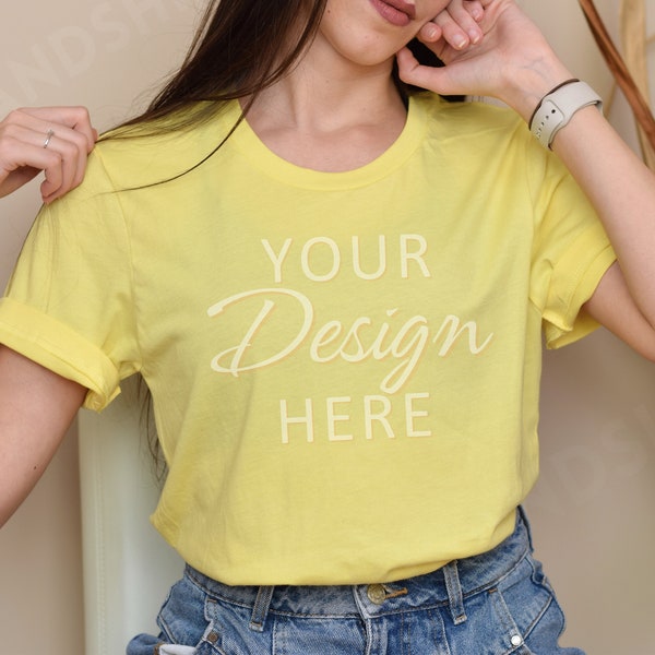 Bella Canvas 3001 Mockup, Yellow 3001 Tshirt Mockup, Model Mockup 3001 Yellow, Bella Canvas Yellow Tshirt Mockup, Spring Bella Canvas 3001