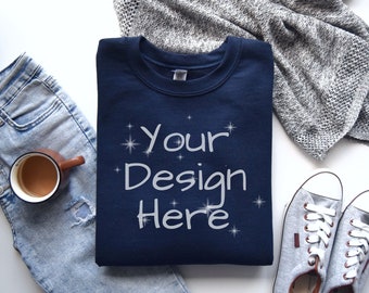 Gildan 18000 Flat lay Navy Mockup, Gi18000 Mock-up, Sweatshirt Mockup, Gildan Crewneck Mockup, Donkerblauw Heavy Blend Sweater, G18000 Navy