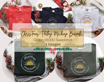 Gildan 18000 Weihnachtspaket, G18000 Flaches Sweatshirt Mock-ups, Feiertagsbündel, Rot, Schwarz, Weiß, Wald & Militärgrüner Pullover Mock