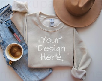 Gildan 18000 Flat lay Sand Mockup, Gi18000 Mock-up, Sweatshirt Mockup, Sand Gildan Crewneck Mockup, Heavy Blend Sweater, G18000 Beige Mocks