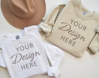 Gildan 18000 Mockup, Gildan 18000 Flatlay Mockup Sand and White, Autumn Sweatshirt Mockup, Gildan Crewneck Mockups, Flat lay Mockup for Fall