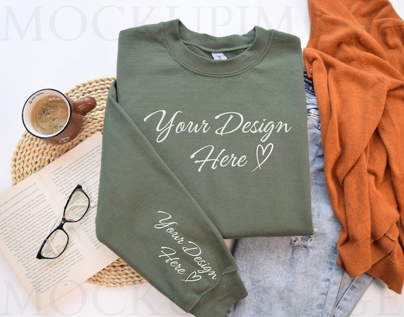 Gildan 18000 Sleeve Mockup Military Green, Flat Lay Crewneck Sweatshirt Mockup, Gildan 18000 Mockups, Army Sweater Sleeve Mockup