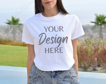Gildan 5000 Mockup, White Tshirt Mockup 5000, Model Mockup Gildan Shirt, White Unisex Tee Mock, Summer Mockup 5000, Gildan 5000 Outdoor Mock