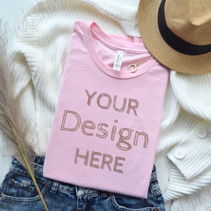 Bella Canvas 3001 Pink Mockup, Flat Lay Mockup Pink, Bella Canvas Flat lay Tshirt Mock 3001, Pink Tee Bella Canvas Mockup Folded Flat