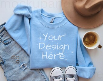 Gildan 18000 Flat lay Light Blue Mockup, 18000 Blue Mockup, Sweatshirt Mockup, Gildan Crewneck Mock, Heavy Blend Sweater, G18000 Light Blue