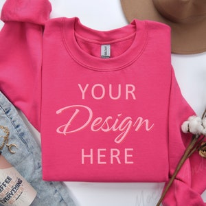Gildan 18000 Heliconia Mockup, 18000 Flat Lay Mock, Crewneck Mockup, Heliconia Mockups 18000, Autumn Sweatshirt Mockup, Gilden Sweater Fall