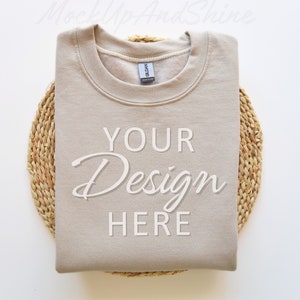 Gildan 18000 Sand Mockup, Flat lay Sand Mockup 18000, Folded Sweatshirt Mockup, Sand Gildan Mockup, Folded Flatlay Heavy Blend Beige Mock-up