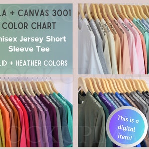 Tabela kolorów Bella Canvas 3001, tabela koszulek unisex heavy jersey, tabela wielu kolorów, kolory Canvas 3001, tabela kolorów wiszące koszulki