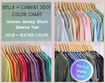 Tabela kolorów Bella Canvas 3001, tabela koszulek unisex heavy jersey, tabela wielu kolorów, kolory Canvas 3001, tabela kolorów wiszące koszulki
