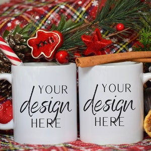 Double Christmas Mugs Mockup, White Christmas Ceramic Mug Mock-up, Coffee Mug Mockups, 11oz Coffee Cup Mockups, Winter Holiday Mock for Mugs