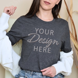 Bella Canvas 3001 Mockup, Dark Grey Heather 3001 Mockup, Bella Canvas Tee Model Mock, Tshirt Mockup 3001, Heather Dark Grey Bella Canvas